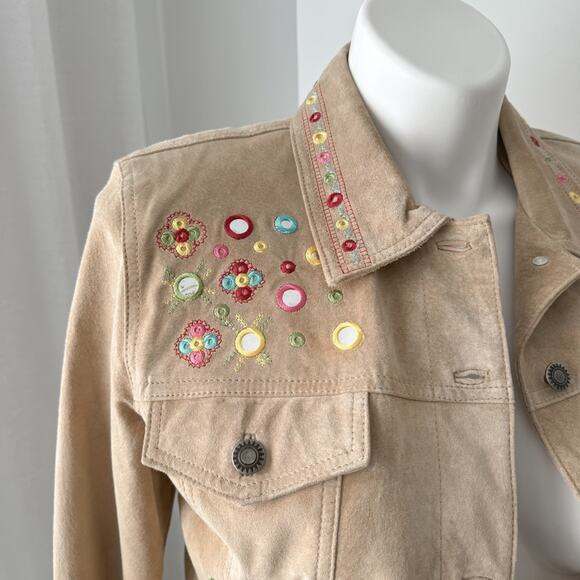 Chico’s Tan 100% Genuine Leather Embellished Embroidered Boho Jacket Women’s M - Picture 2 of 8